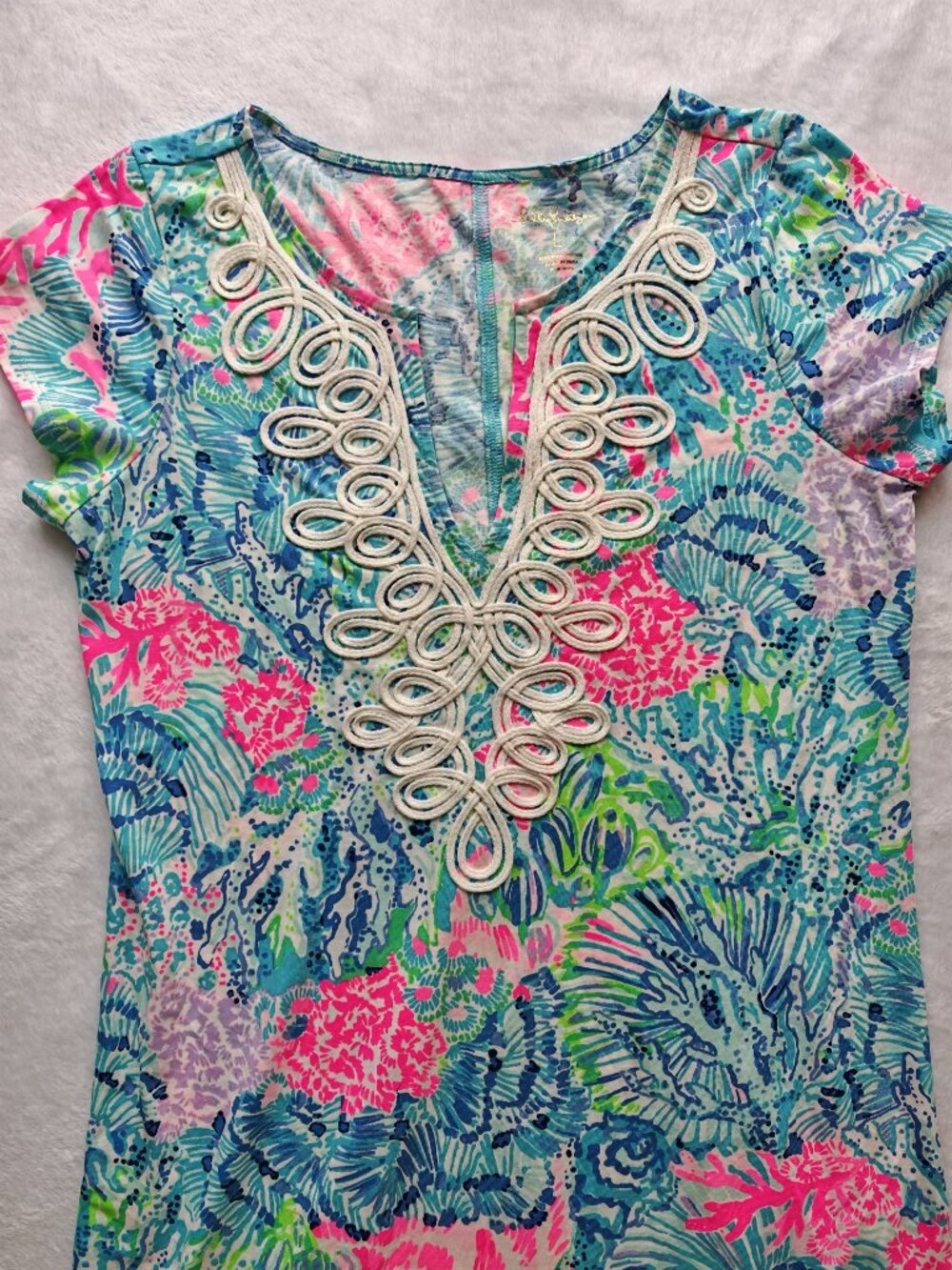Lilly Pulitzer Pima Cotton Tunic Dress L Blue Pink Tropical Print Lace Neckline - Picture 5 of 11